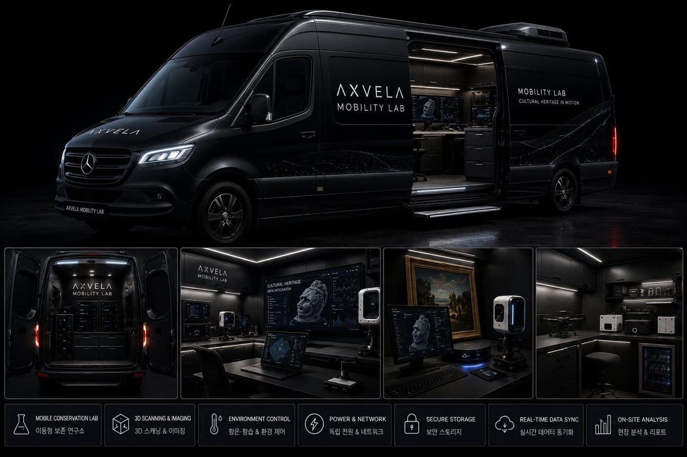 AXVELA Mobility Lab — 3D 스캐닝, 항온항습 환경 제어, 독립 전원, 보안 스토리지, 실시간 데이터 동기화를 갖춘 이동형 보존 연구소