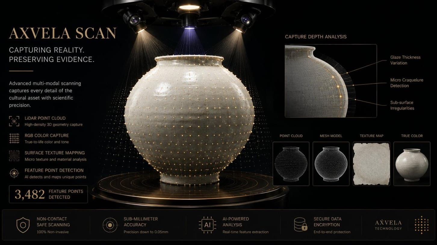 AXVELA SCAN — LiDAR point cloud, RGB capture, surface texture mapping, feature point detection을 통한 멀티모달 스캐닝 기술 상세
